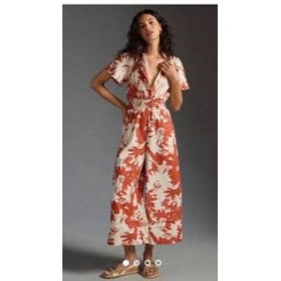 Anthropologie Somerset‎ Terracotta Floral Wide-Leg Jumpsuit Size M - Picture 1 of 7